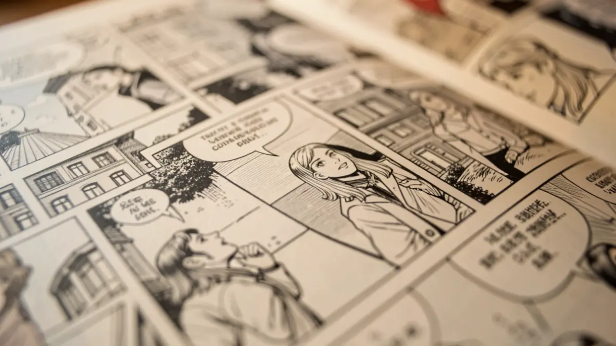 Close-up of a comic book page with detailed art and speech bubbles, no visible text.