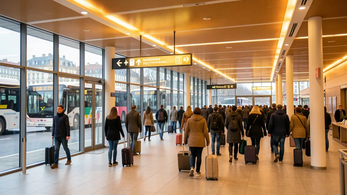 Imagen genérica de una estación de autobuses moderna con pasajeros y autobuses.