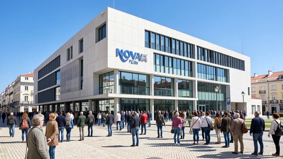 Vista exterior del edificio de NOVA FCSH en Lisboa, Portugal, con arquitectura moderna y cielo azul.