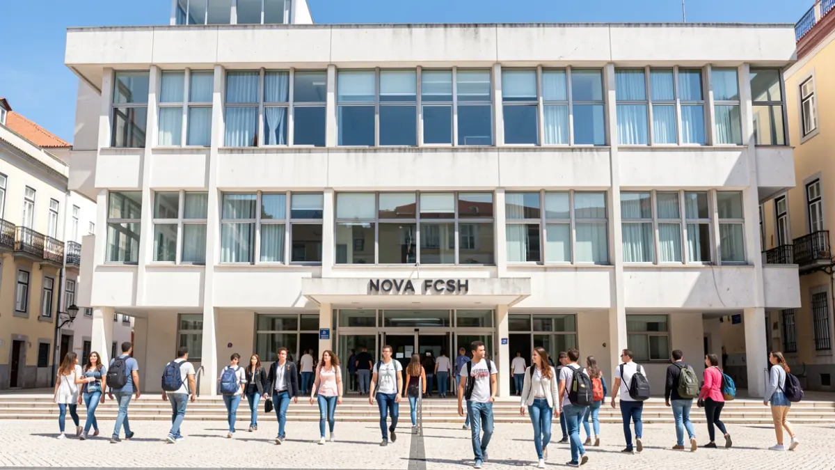 Fachada de la NOVA FCSH en Lisboa, con estudiantes acercándose.