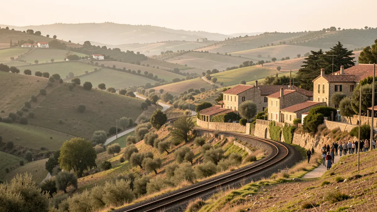 Paisagem do Alto Mondego com comboio antigo e casas tradicionais.