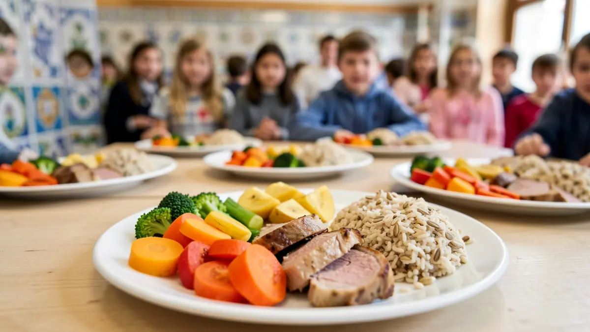 Plate of balanced school meal with colorful vegetables and protein, in a school cafeteria setting with Portuguese tiles.