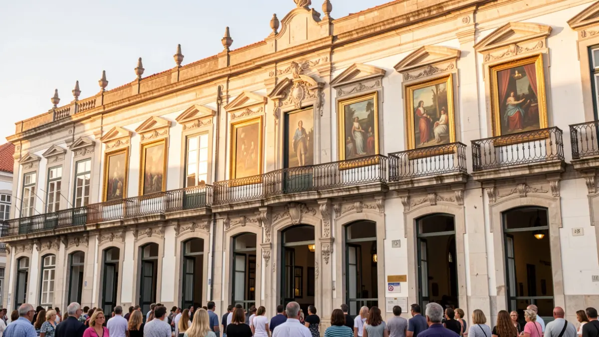 Facade of the Antigos Paços do Concelho in Viana do Castelo displaying artworks.