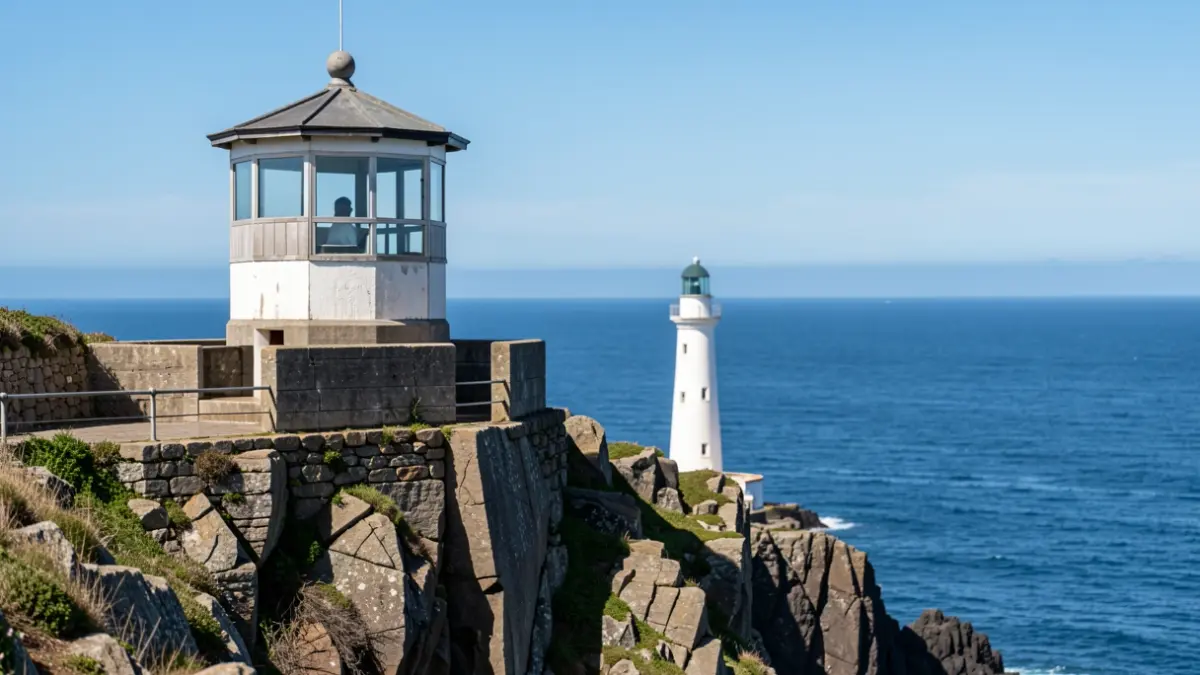 View of the Vigia da Baleia, a historic whale watching tower, on a rocky cliff in the Azores, with the Rosais Lighthouse in the background.