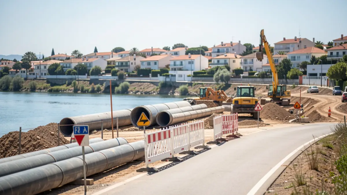 Obras de construcción en la orilla de un río portugués con maquinaria y señalización de tráfico.