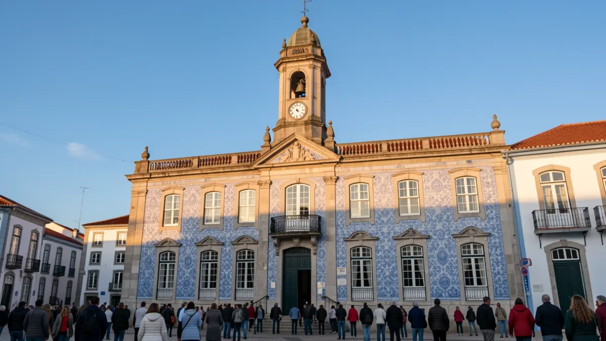 Facade of a municipal building in Odemira with traditional tiles.