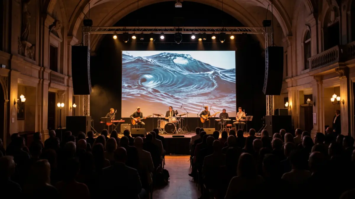 Imagem de um concerto imersivo da Orquestra Sem Fronteiras em Arganil, com projeções de água.