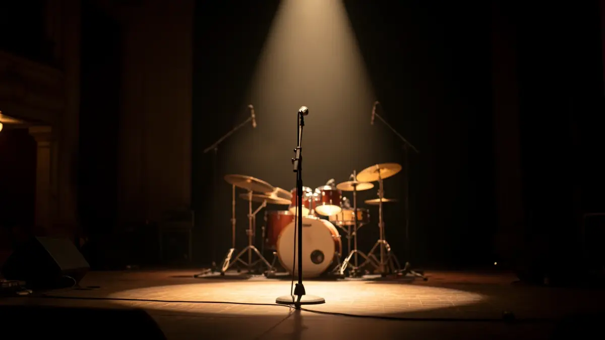 Imagem genérica de um palco de concerto com um microfone e bateria.