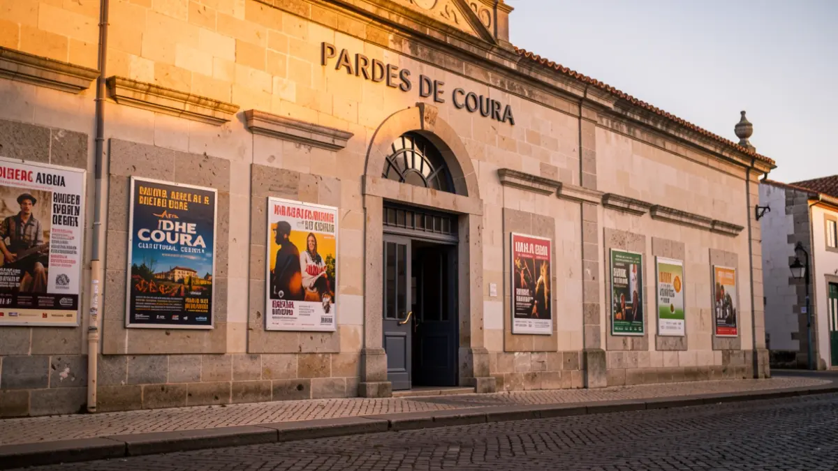 Fachada do Centro Cultural de Paredes de Coura à noite, com iluminação ambiente e cartazes de eventos.