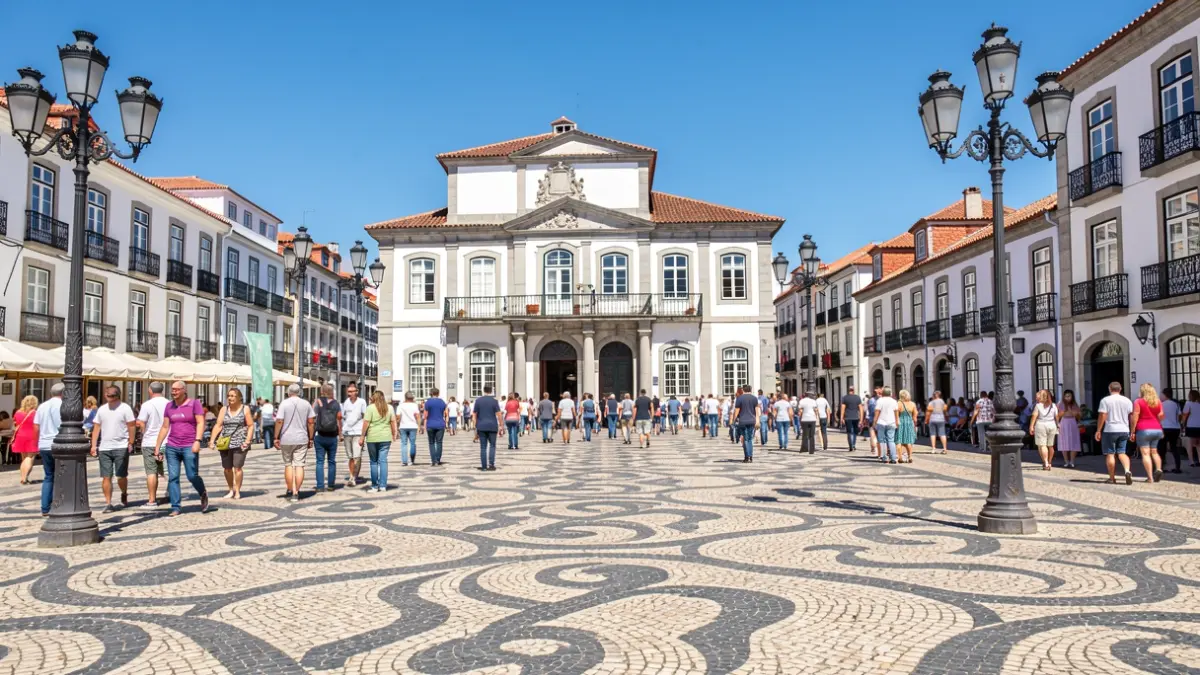 Facade of a municipal building in Portugal with a balcony, under a blue sky.