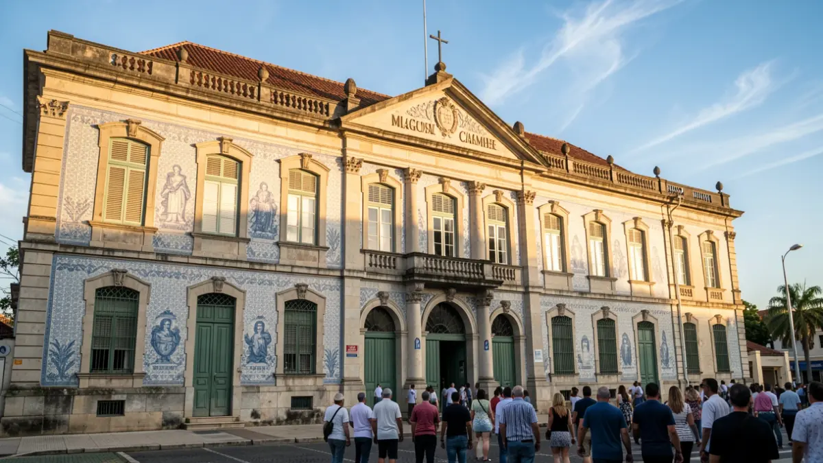 Fachada del edificio del Ayuntamiento de Lagos, un edificio histórico portugués con azulejos tradicionales y arquitectura de piedra, bajo la cálida luz de la tarde.