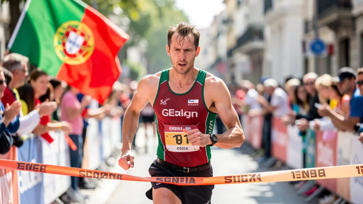 Um triatleta a cruzar a meta, com o fundo desfocado de espectadores e uma bandeira portuguesa.
