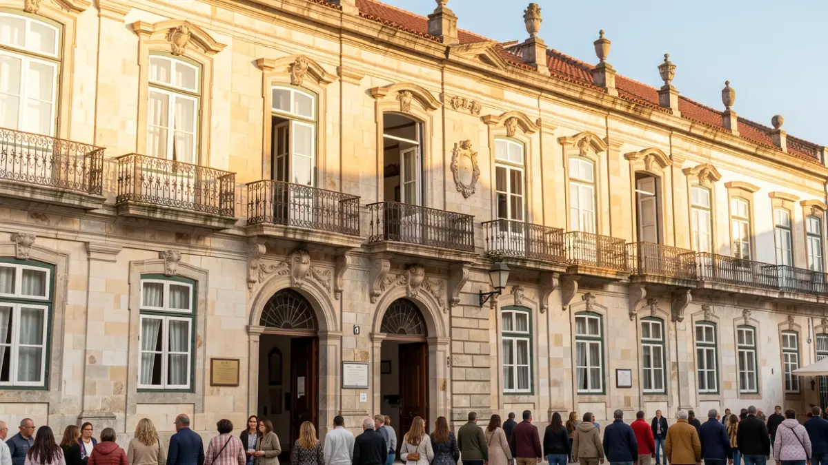 Facade of the historic Sociedade Martins Sarmento building in Guimarães, Portugal, with traditional Portuguese architecture.