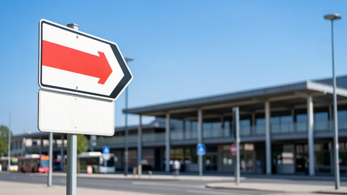 Temporary bus stop with directional signage and bus station in the background.