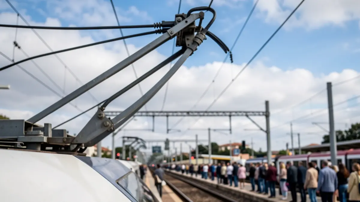 Imagen genérica de un pantógrafo de tren eléctrico conectándose a cables aéreos, simbolizando la expansión del transporte público en Portugal.