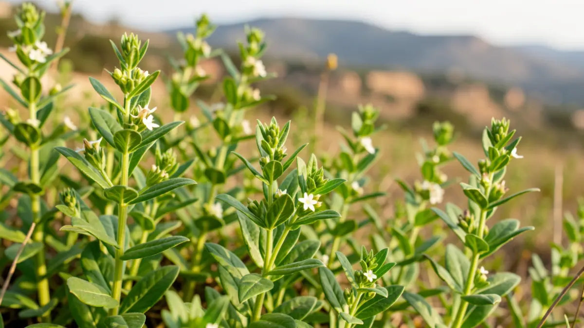 Close-up of diverse medicinal plants with vibrant green leaves and small flowers, in focus against a blurred background of the Algarve hills.