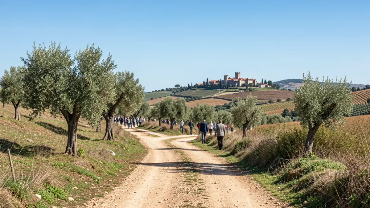 Imagem genérica de uma estrada de terra batida numa paisagem rural portuguesa com uma vila medieval ao longe.