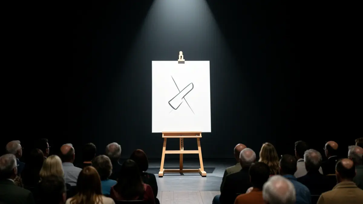 Image of a minimalist white canvas on a stage, representing the play 'Arte'.