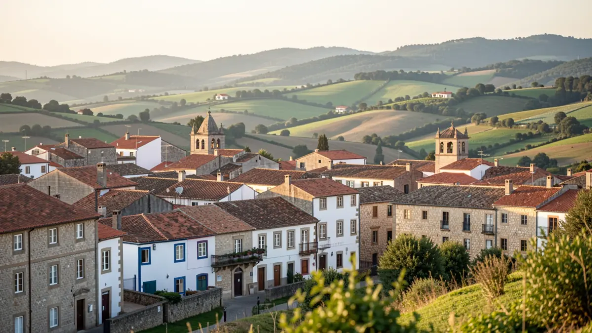 Panoramic view of Penafiel, Portugal, featuring traditional architecture and green hills in the background, under late afternoon light.