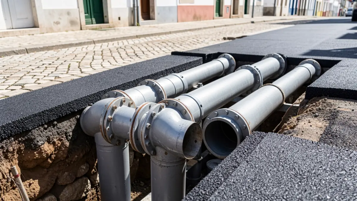 Imagen de nuevas infraestructuras de agua y saneamiento siendo instaladas en una calle de Peniche.