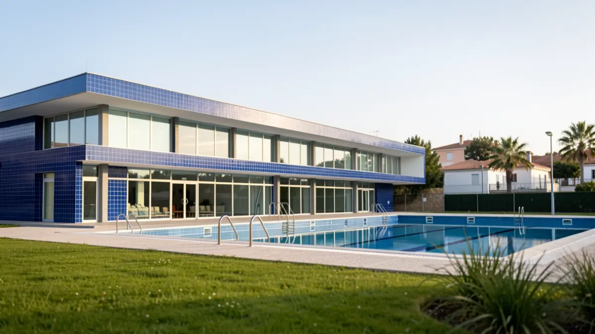 Piscinas Municipales de Vila do Conde con arquitectura moderna y espacio verde.