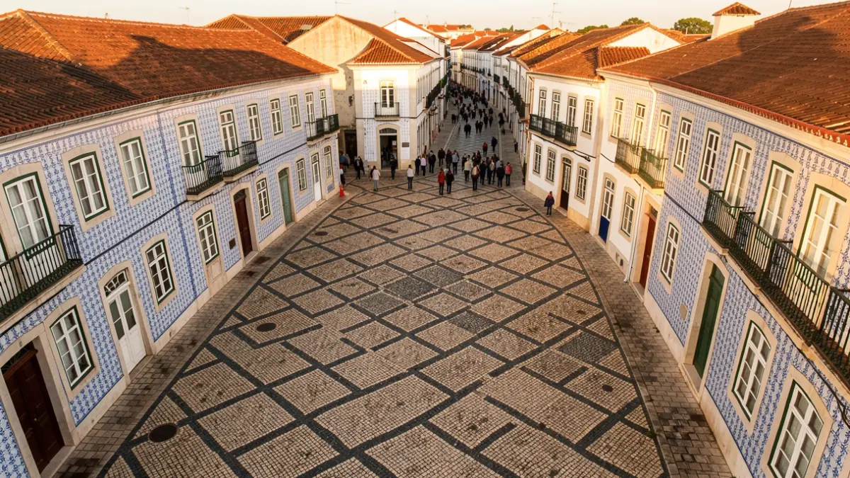 Aerial view of a Portuguese square with cobblestone pavement and azulejo tiles, at dusk.