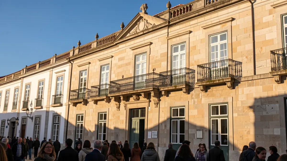Facade of a traditional Portuguese town hall with an ornate balcony, in the warm afternoon sunlight.