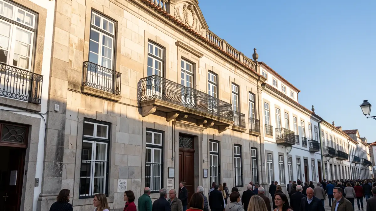 Facade of a town hall in Pombal, Portugal, with traditional architecture and afternoon sunlight.