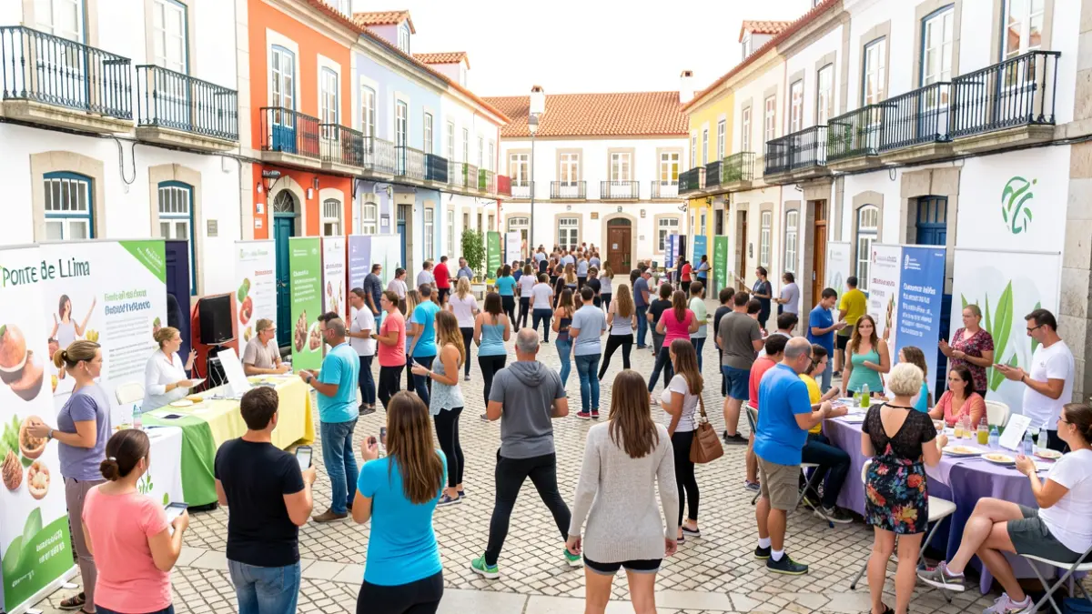 Imagem de uma feira de saúde e bem-estar em Ponte de Lima, com participantes e profissionais de saúde.
