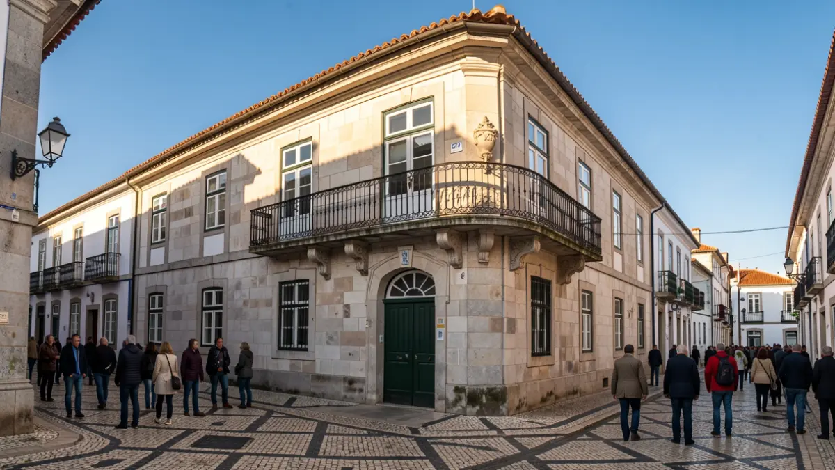 Facade of a municipal building in Ponte de Lima, Portugal, with traditional architectural details.