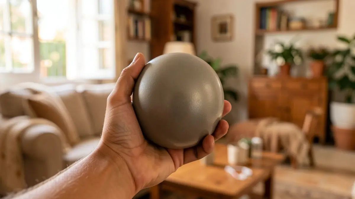 Generic image of a hand holding a physiotherapy ball in a domestic setting.