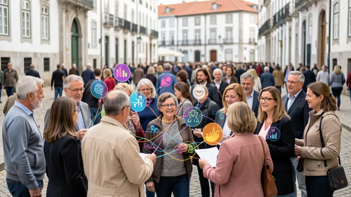 Pessoas a interagir com dados de saúde e símbolos médicos em frente a arquitetura portuguesa.