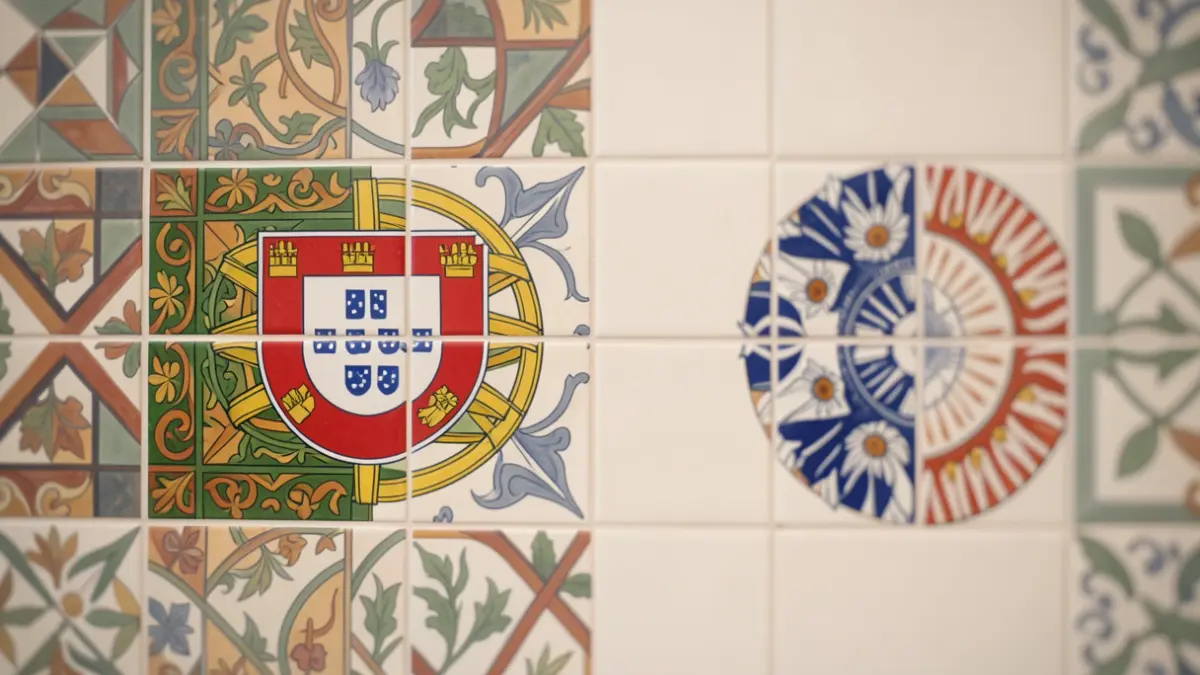 Imagen genérica de asociación económica entre Portugal e India, con sutiles patrones geométricos en estilo de azulejo portugués y motivos indios.