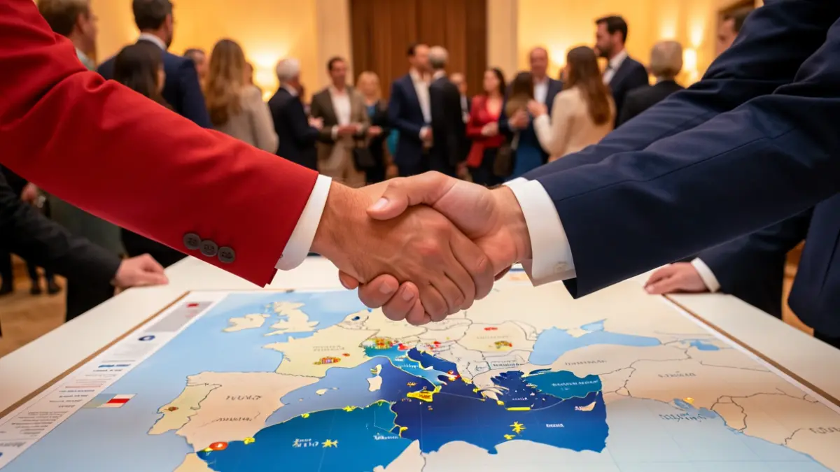 Tres manos representando a Portugal, España y Francia dándose la mano en acuerdo sobre un mapa de la Unión Europea, con foco en las regiones ultraperiféricas.