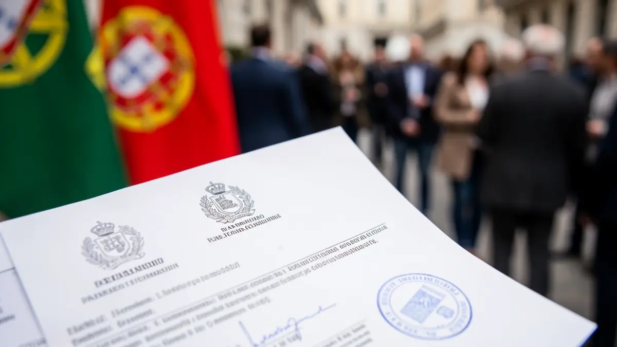 Primer plano de un documento con sellos oficiales y timbres, representando una solicitud de pago, con colores de la bandera portuguesa desenfocados al fondo.