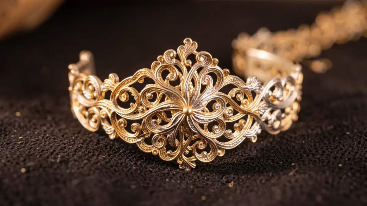 Close-up de joalharia de filigrana portuguesa intrincada, com fios delicados de ouro ou prata a formar padrões complexos, sobre uma superfície escura e texturizada. Iluminação suave e quente.