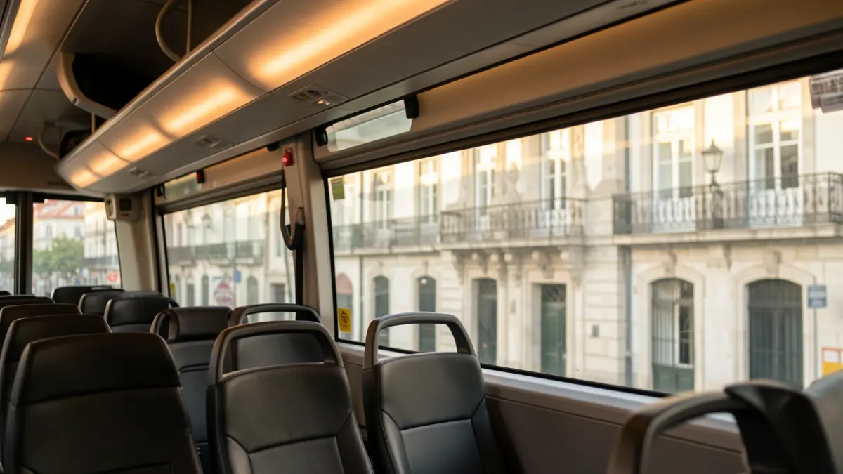 Interior of a bus looking out towards the Póvoa de Varzim Town Hall at dusk.