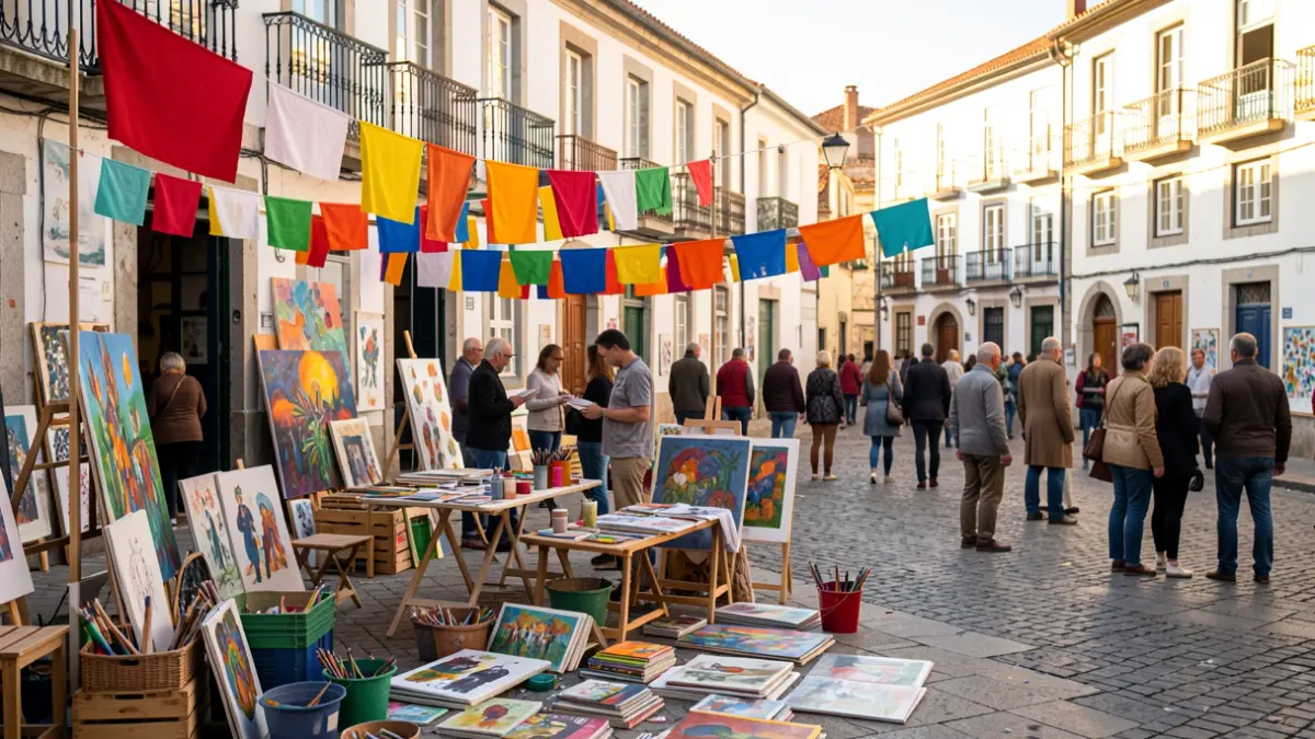 Espacio de residencia artística en plaza pública portuguesa con materiales de arte y participantes desenfocados.