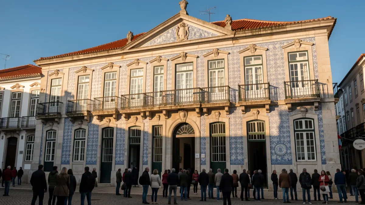 Fachada de um edifício municipal em Fafe, Portugal, com detalhes arquitetónicos tradicionais.