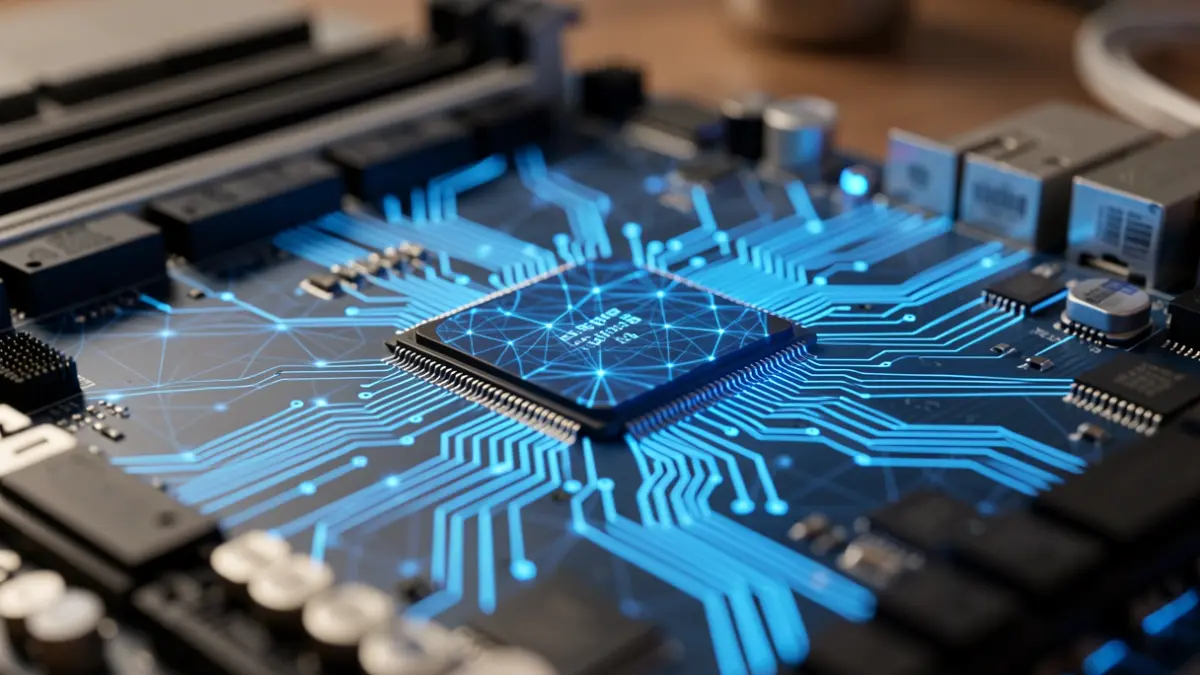 Imagem genérica de uma placa de circuito de computador com padrões de rede neural, simbolizando inteligência artificial.