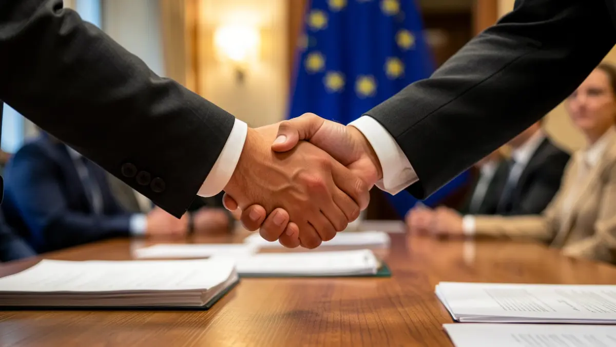 Hands shaking over a desk with blurred documents and a subtle European Union flag motif.
