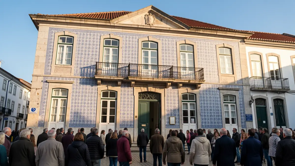 Fachada de un edificio municipal portugués con azulejos y balcón, luz de tarde.
