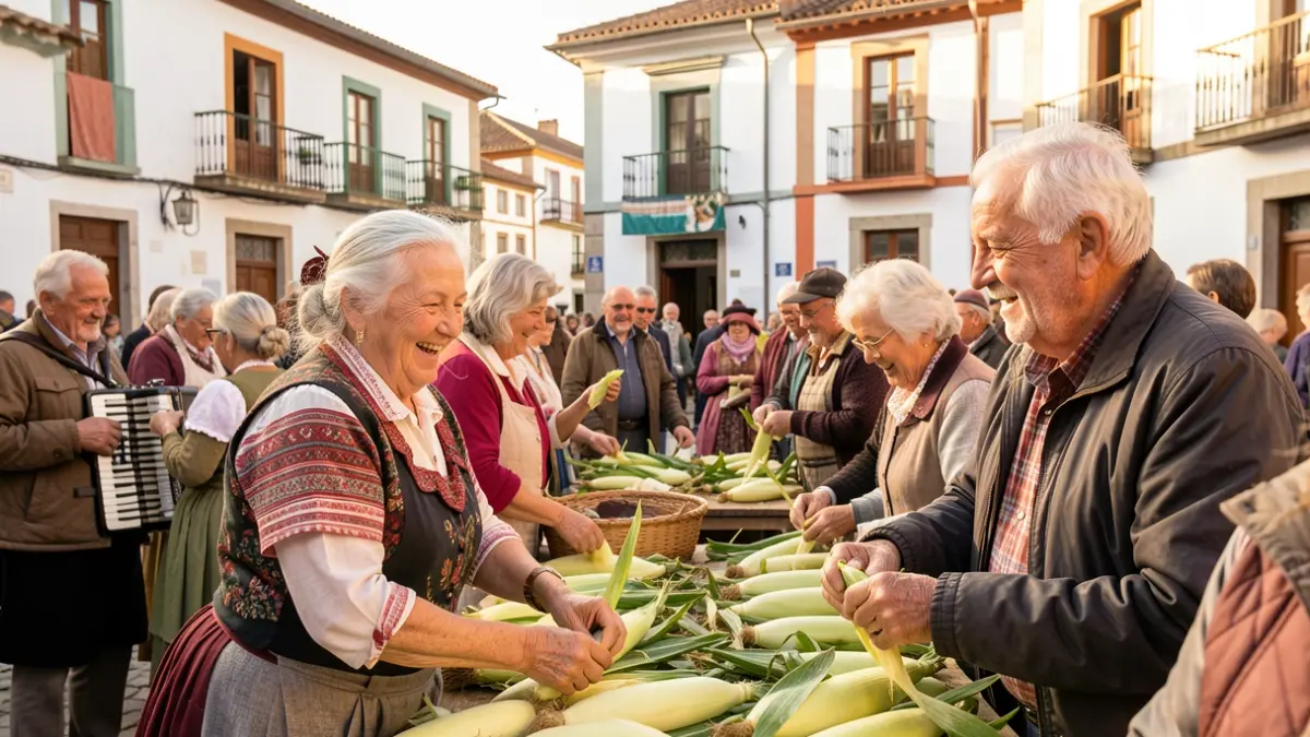 Personas mayores participando en una tradicional 'desfolhada' en Vila Nova de Cerveira, con concertinas y ambiente de convivencia.