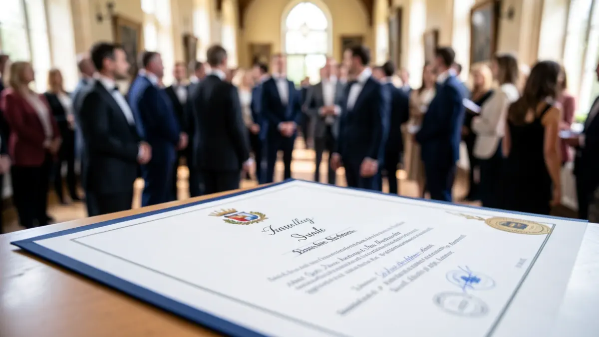 Imagem de um diploma de pós-graduação com pessoas em trajes formais ao fundo, numa cerimónia universitária.