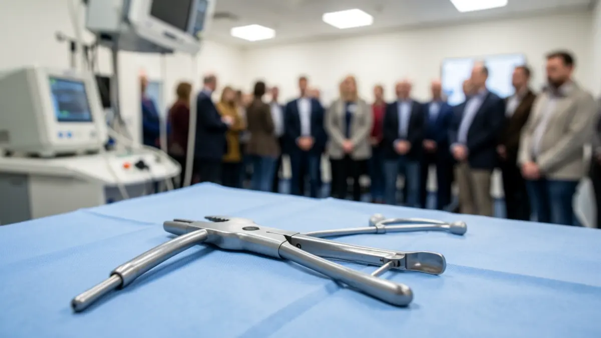Instrumento de cirugía vascular sobre tela azul estéril, con equipo médico desenfocado al fondo.
