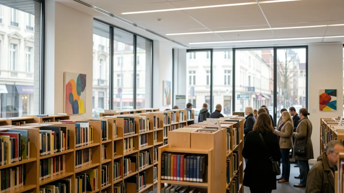 Generic image of a modern library with bookshelves and art on the walls.