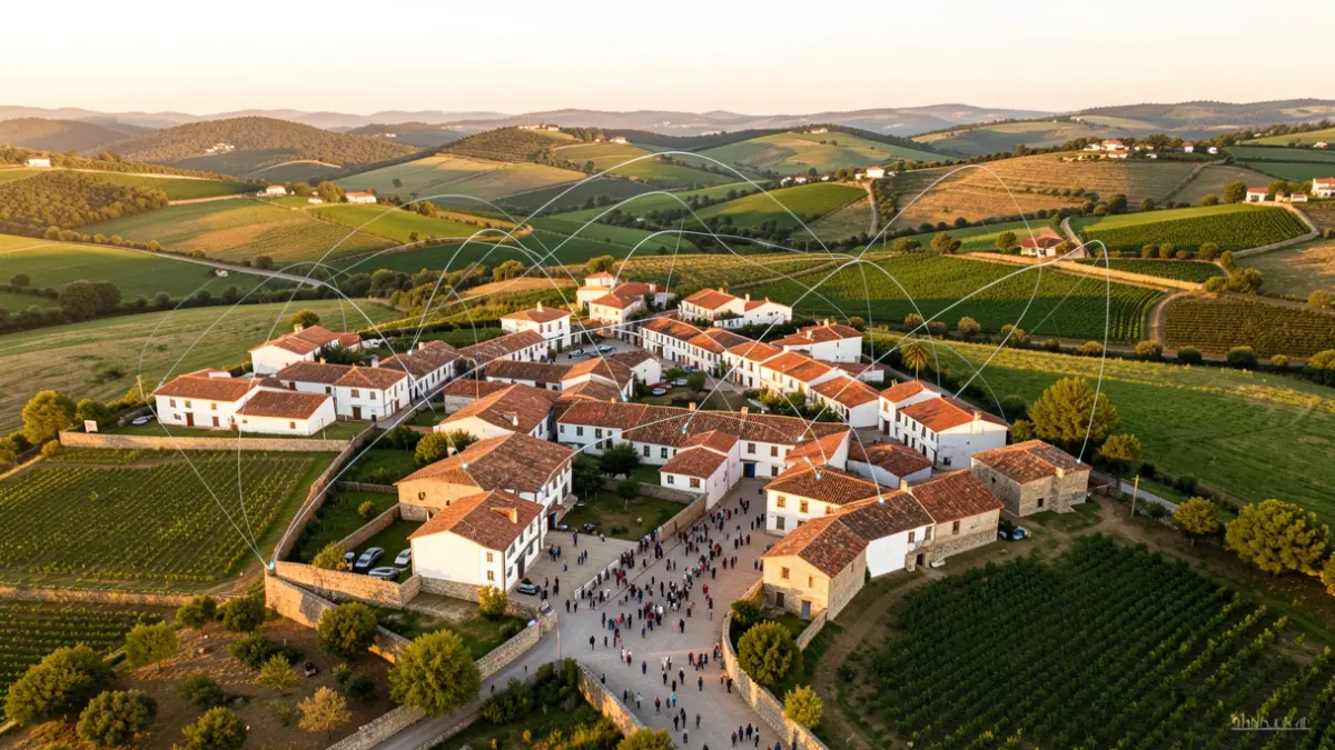 Vista aérea de una aldea rural portuguesa con arquitectura tradicional y superposición de red digital.