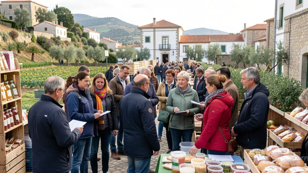 Imagen de un grupo de participantes europeos en una visita de estudio en Portugal, centrada en la alimentación sostenible.