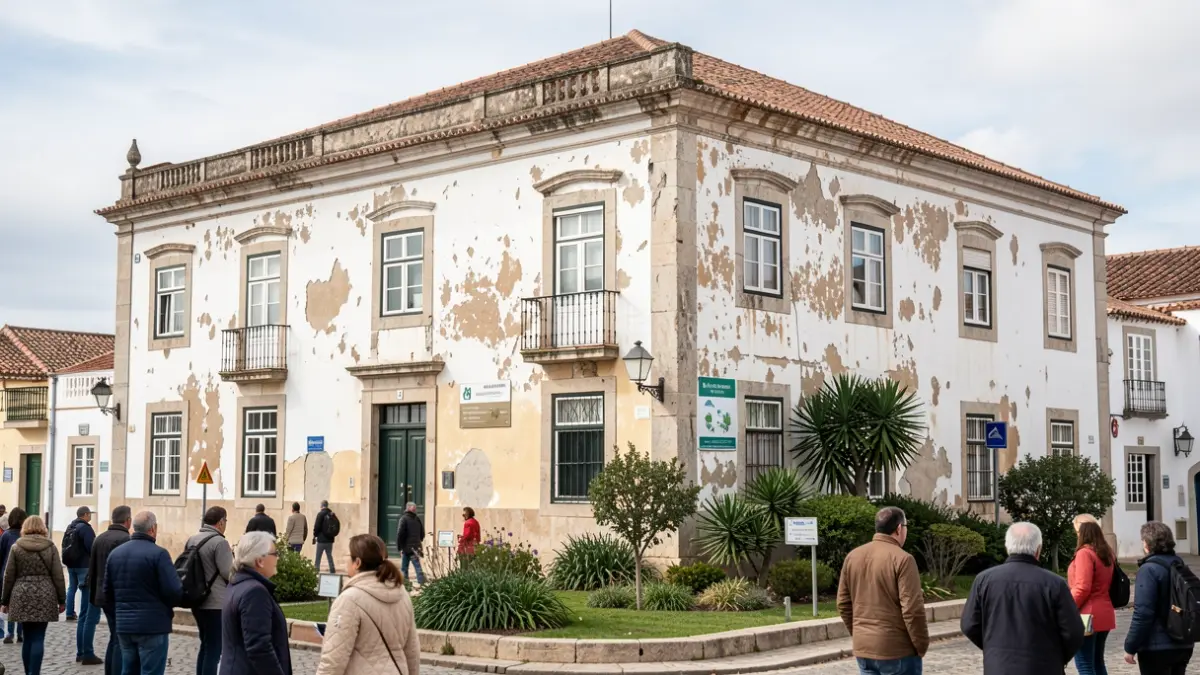 Fachada de un edificio histórico en Évora, Portugal, con signos de desgaste y elementos de turismo sostenible.