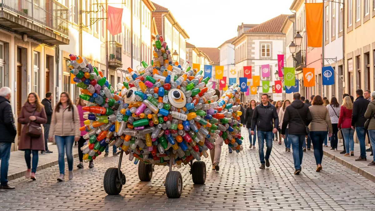 Peces gigantes hechos de materiales reciclados desfilan por las calles de Guimarães, Portugal, en una intervención artística inclusiva.